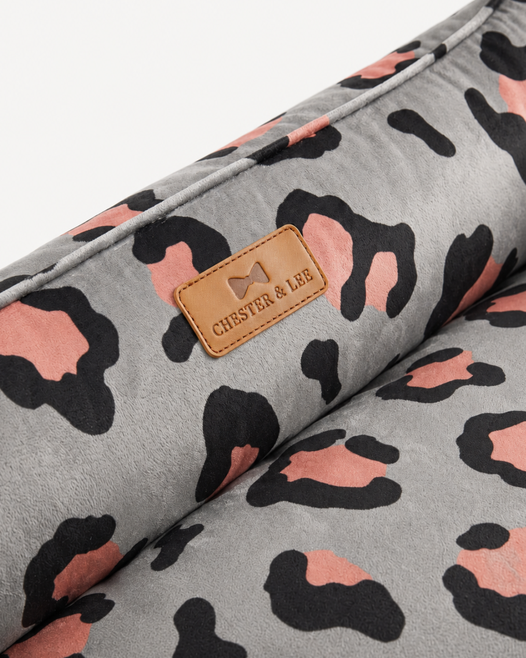 Chester & Lee | Velvet Sleeper Dog Bed Gray & Peach Leopard Print